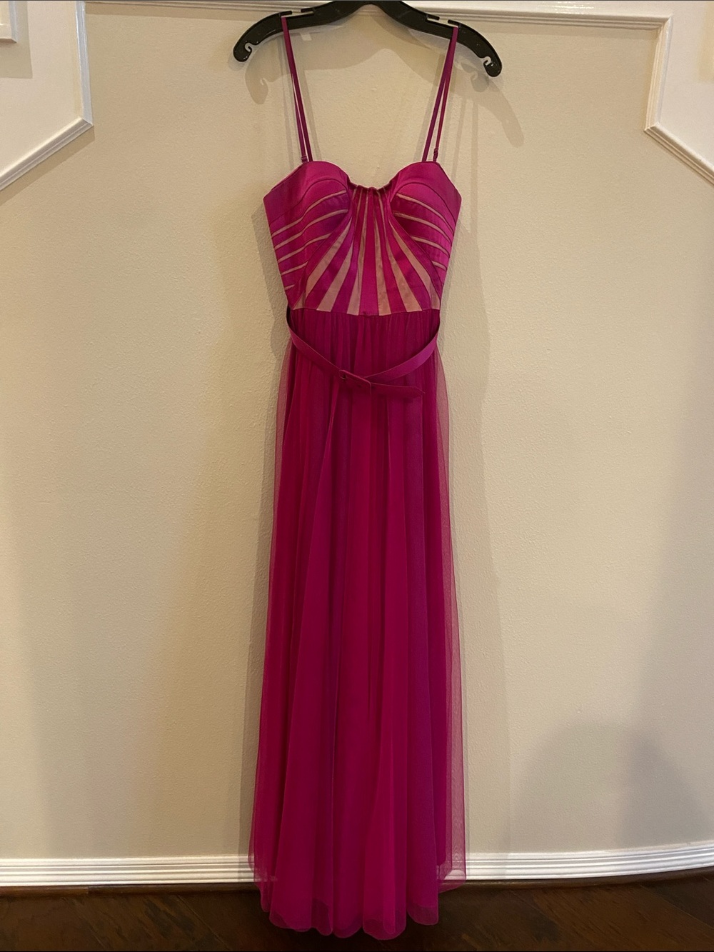 Aidan Mattox Fuchsia Sheer Maxi Gown with Spaghetti Straps